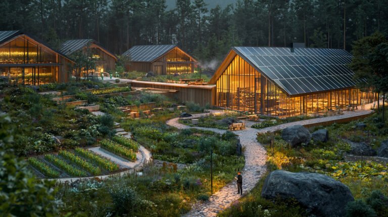 Eco-village at dusk, showing sustainable buildings, gardens, and pathways